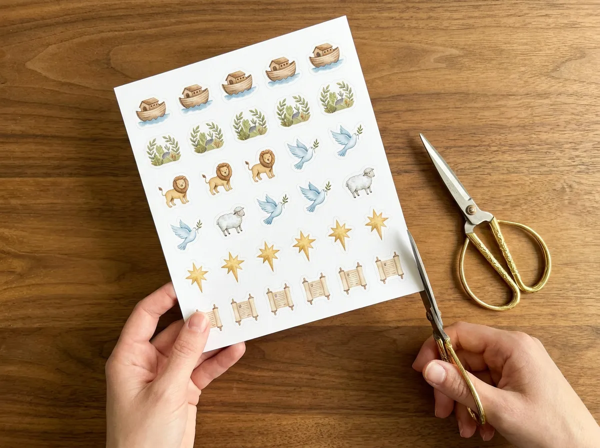 Manos sosteniendo una hoja de stickers del arca de Noé, leones, palomas y rollos, con tijeras doradas sobre una mesa de madera