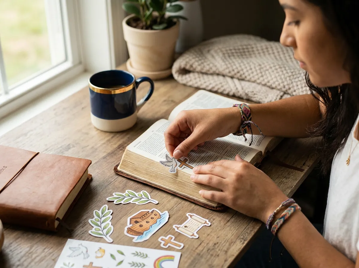 Mujer decorando su Biblia con stickers bíblicos sobre una mesa de madera