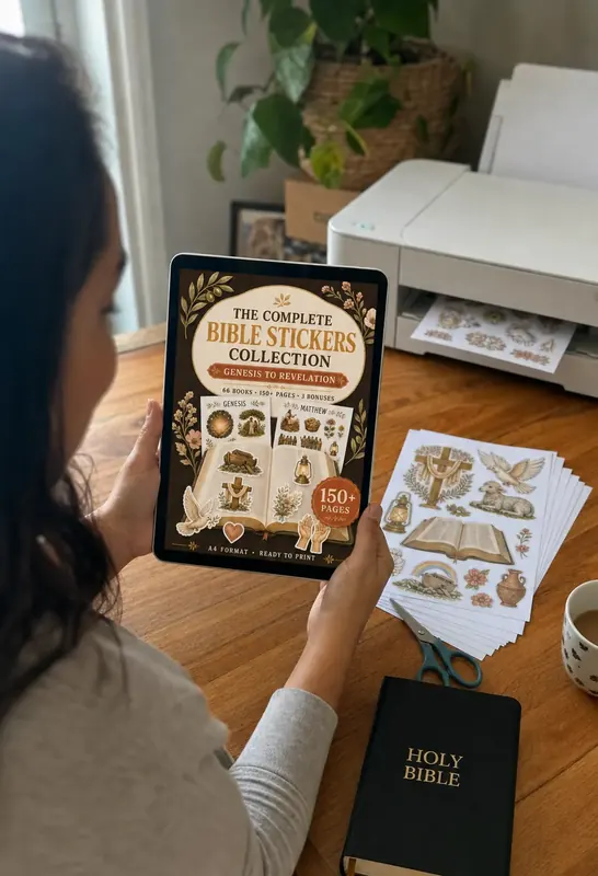 Customer downloading and printing Bible Stickers