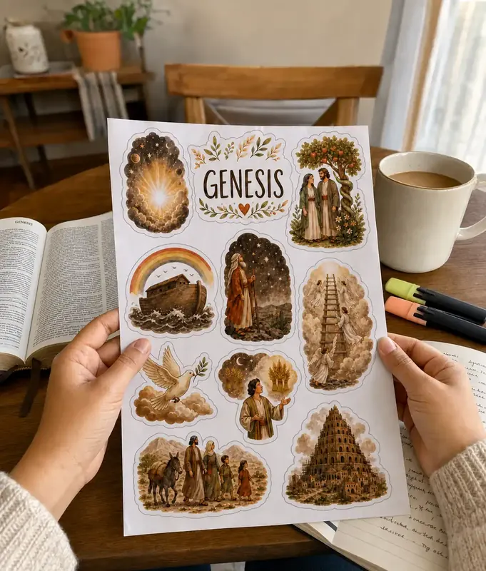 Customer with the Genesis sheet next to her Bible and coffee