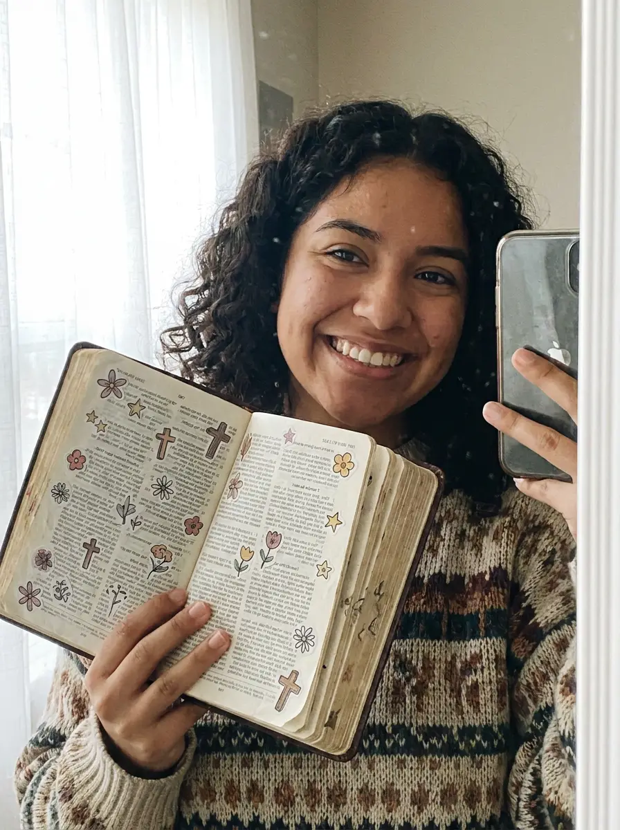 Clienta mostrando su Biblia decorada con stickers de flores y cruces